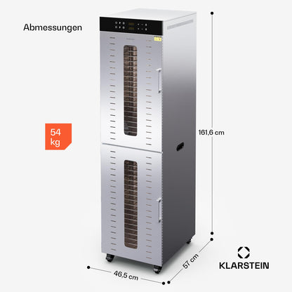 Klarstein Dörrautomat Edelstahl – 4.000-W-Dörrgerät, 48 Edelstahl-Einlegeböden, 30–90 °C, 24-Stunden-Timer, 6 Ventilatoren, 2 Trockenkammern, 50–55 dB, ideal für Obst, Gemüse, Fleisch, Kräuter, Silber