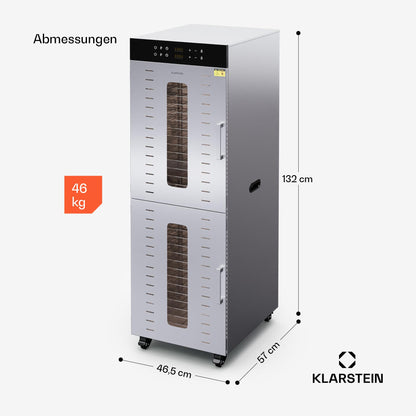 Klarstein Dörrautomat Edelstahl – 4.000-W-Dörrgerät, 48 Edelstahl-Einlegeböden, 30–90 °C, 24-Stunden-Timer, 6 Ventilatoren, 2 Trockenkammern, 50–55 dB, ideal für Obst, Gemüse, Fleisch, Kräuter, Silber