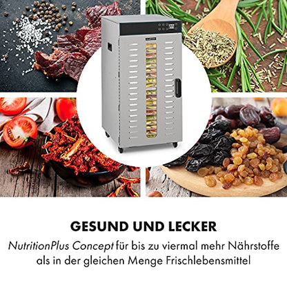 Klarstein Dörrautomat Edelstahl – 4.000-W-Dörrgerät, 48 Edelstahl-Einlegeböden, 30–90 °C, 24-Stunden-Timer, 6 Ventilatoren, 2 Trockenkammern, 50–55 dB, ideal für Obst, Gemüse, Fleisch, Kräuter, Silber