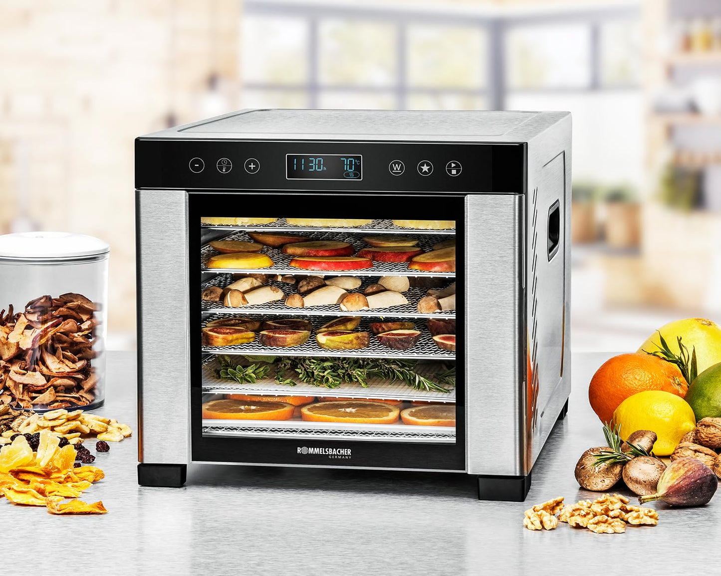 ROMMELSBACHER Dörrautomat DA 1000, XXL-Dörrfläche 1,6 m², inkl. 10 Edelstahl-Dörrtabletts, 2 Dörrgitter, 2 Dörrmatten, LED-Display, 24 Std. Zeitschaltuhr, Temperatur einstellbar (35 °C – 75 °C)