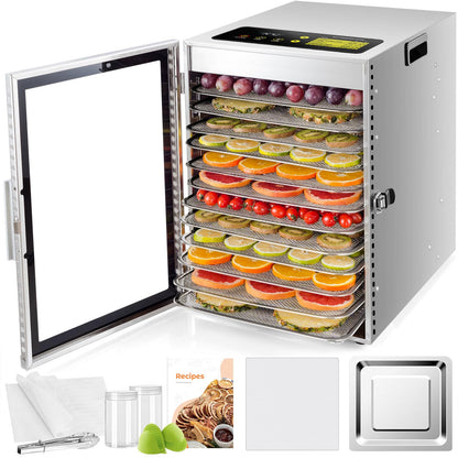 Kwasyo Dehydrator Stainless Steel, Double Fan 360° Efficient Dry, Dehydrator 12 Levels, 20-90°C Temperature Control, 24 Hour Timer, Overheating Protection, Recipe Book for Meat, Fruit, Vegetables,