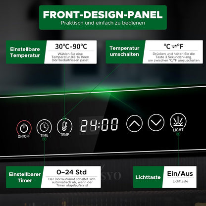 Kwasyo Dörrautomat Edelstahl, Dörrgerät 12 Etagen Ganz in Schwarz, 30-90℃ Temperaturregelung, 24 Stunden Timer, Rezeptheft für Fleisch Obst Gemüse Kräuter, 1000W, LT-09