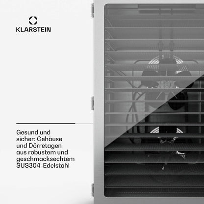 Klarstein Dörrgerät, Dörrautomat für Gemüse, Obst, Pilze & Fleisch, 1500W Edelstahl-Dörrautomat, Trockenautomat mit 16 Metallgitter, Dörrgerät mit 24H Timer & Touch-Display, Food Dehydrator