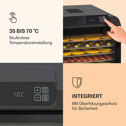 Klarstein Arizona Jerky Dörrautomat - Dörrgerät, Dehydrator, trocknet Obst, Fleisch und Früchte, 500 Watt, 35-70°C, 6 spülmaschinenfeste Einlagefächer, kurze Trockenzeit, Touch-Display, schwarz