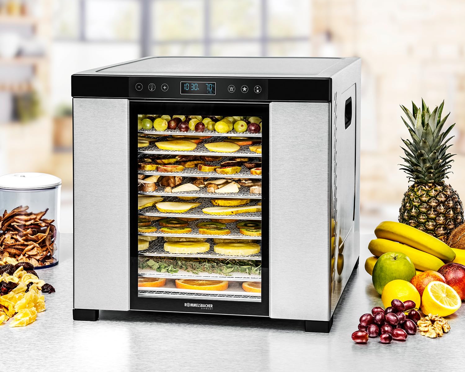 ROMMELSBACHER Dörrautomat DA 1000, XXL-Dörrfläche 1,6 m², inkl. 10 Edelstahl-Dörrtabletts, 2 Dörrgitter, 2 Dörrmatten, LED-Display, 24 Std. Zeitschaltuhr, Temperatur einstellbar (35 °C – 75 °C)