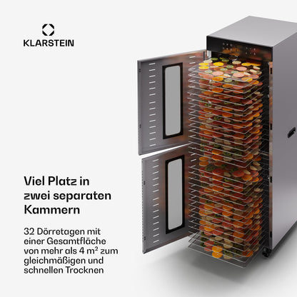 Klarstein Dörrautomat Edelstahl – 4.000-W-Dörrgerät, 48 Edelstahl-Einlegeböden, 30–90 °C, 24-Stunden-Timer, 6 Ventilatoren, 2 Trockenkammern, 50–55 dB, ideal für Obst, Gemüse, Fleisch, Kräuter, Silber