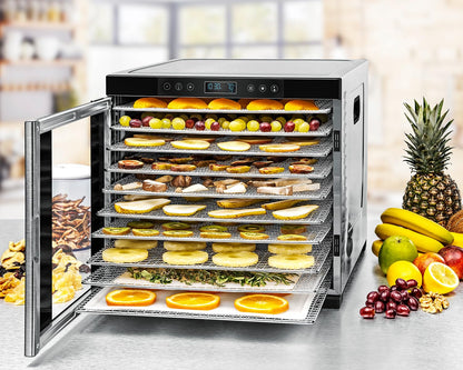 ROMMELSBACHER Dörrautomat DA 1000, XXL-Dörrfläche 1,6 m², inkl. 10 Edelstahl-Dörrtabletts, 2 Dörrgitter, 2 Dörrmatten, LED-Display, 24 Std. Zeitschaltuhr, Temperatur einstellbar (35 °C – 75 °C)