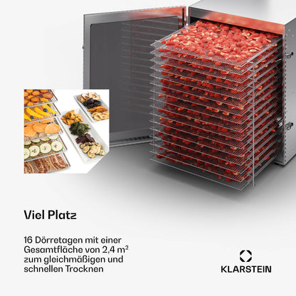 Klarstein Dörrgerät, Dörrautomat für Gemüse, Obst, Pilze & Fleisch, 1500W Edelstahl-Dörrautomat, Trockenautomat mit 16 Metallgitter, Dörrgerät mit 24H Timer & Touch-Display, Food Dehydrator