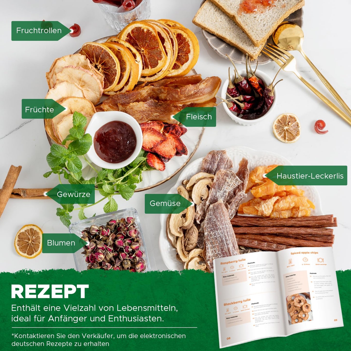 Kwasyo Dörrautomat Edelstahl DA 1000, XXL-Dörrfläche 1,8 m², Dörrgerät Temperatur einstellbar 30-90℃, LED-Display, 24 Std, BPA-frei, mit Rezeptheft, 10 Edelstahl-Dörrtabletts