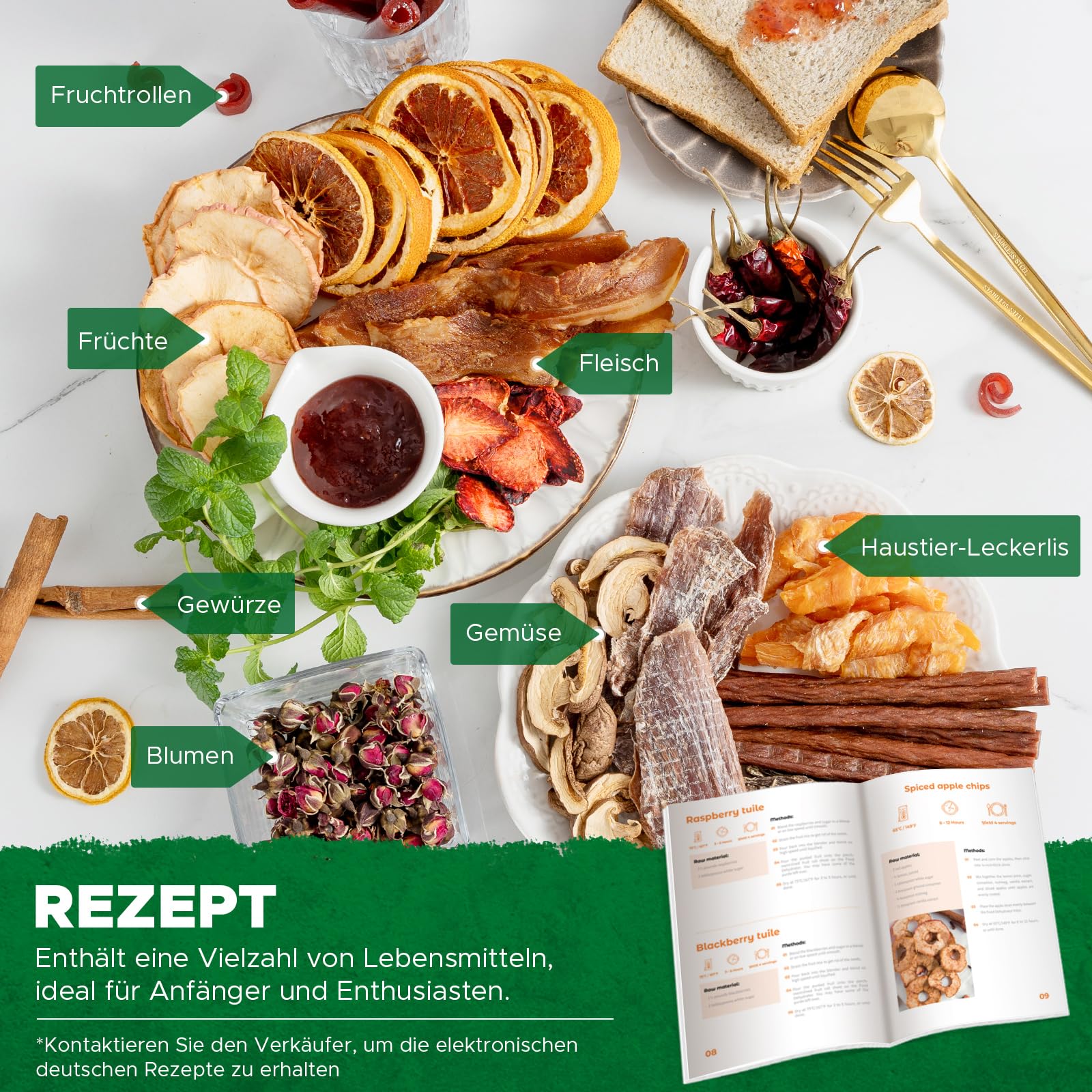 Kwasyo Dörrautomat Edelstahl DA 1000, XXL-Dörrfläche 1,8 m², Dörrgerät Temperatur einstellbar 30-90℃, LED-Display, 24 Std, BPA-frei, mit Rezeptheft, 10 Edelstahl-Dörrtabletts