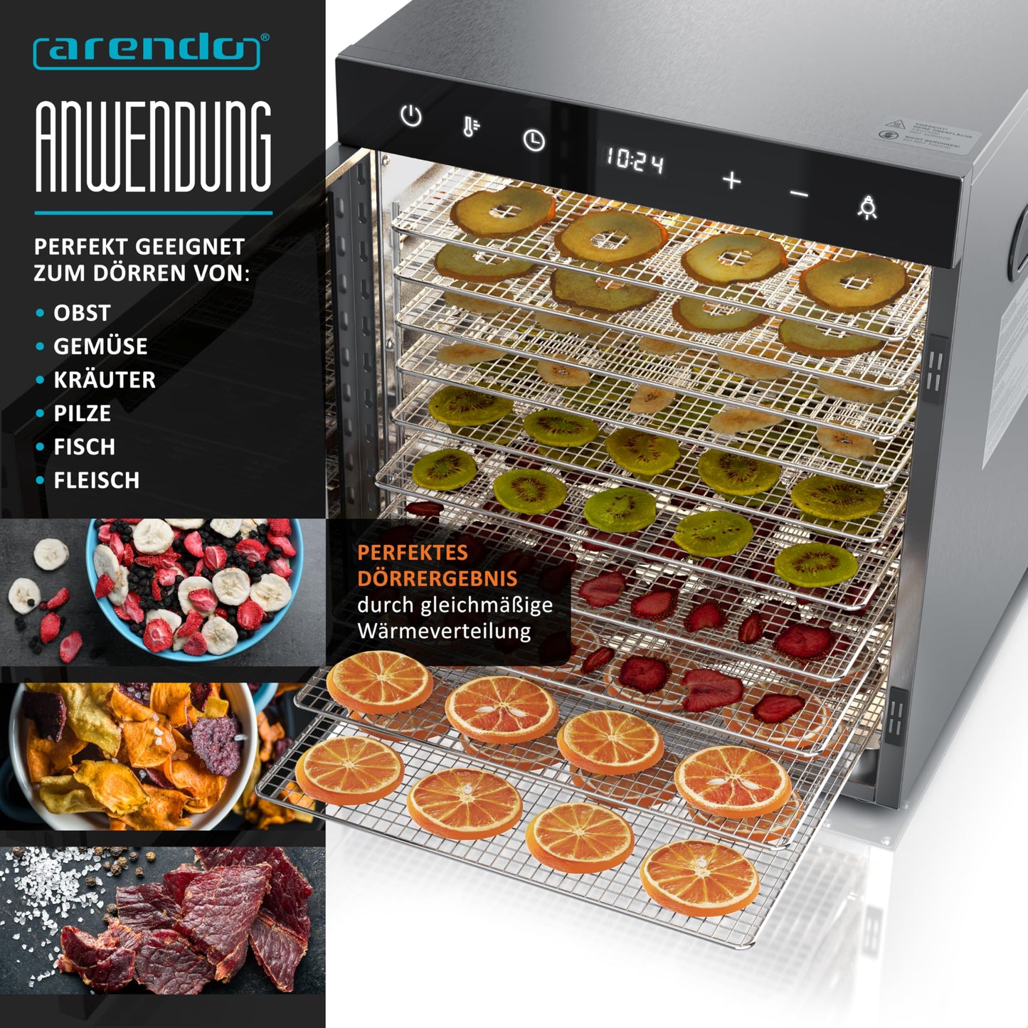 Arendo - Stainless steel dehydrator 8-fold - 500 watts with temperature control - dehydrator for food meat fruits fruit mushrooms - timer up to 24 hours - 8 compartments - GS - dehydrator